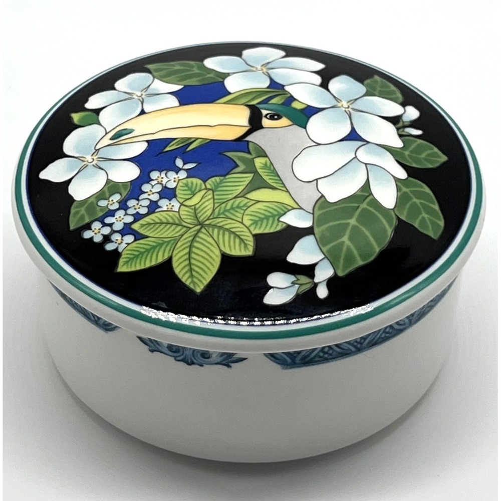 Vintage Mikasa Maxima Porcelain Trinket Box Toucan Bird & Flowers Round Ceramic